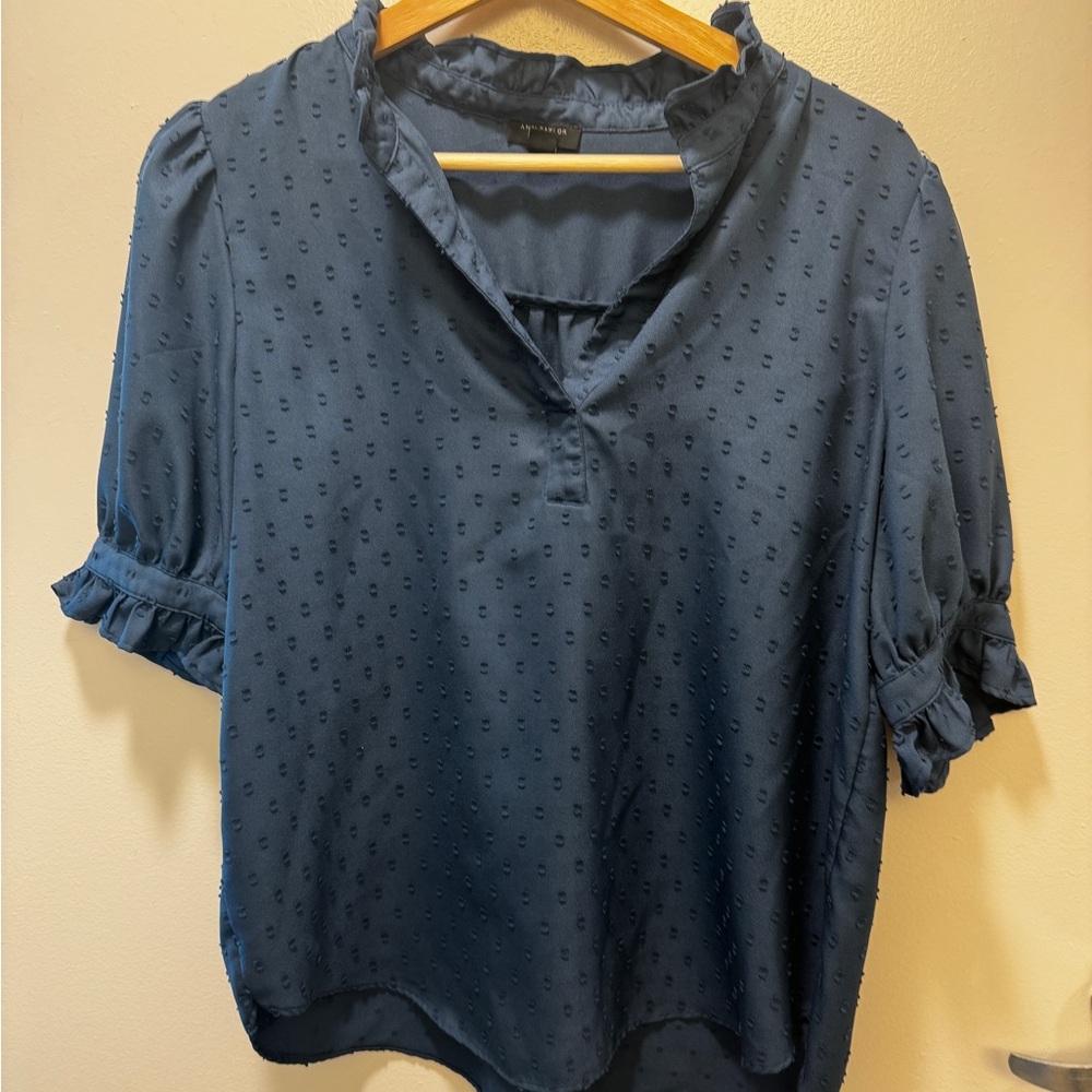 Ann Taylor Navy Blouse with Ruffled Sleeves